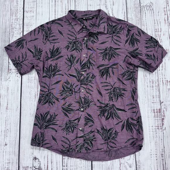 TravisMathew Palm Leaf Button Down Shirt Men’s XL Purple Short Sleeve - Picture 1 of 6